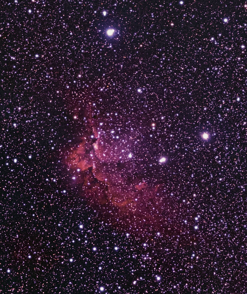 Astrofotografia profonda di una nebulosa rosa e viola con un ammasso stellare incastonato, su un denso campo di stelle